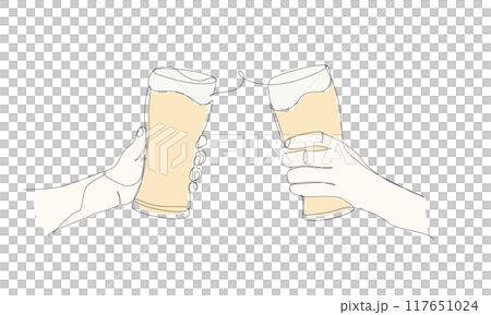 Illustration of a toast with beer, drawn in one stroke Illustration of a toast with beer, drawn in one stroke 117651024