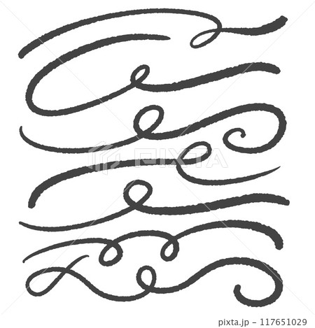 Swoosh hand drawn underlines. Swash and swish curly strokes. Squiggle calligraphic tails and dividers set. Vector decorative elegant flourish vintage elements. Wavy scroll swoop. 117651029