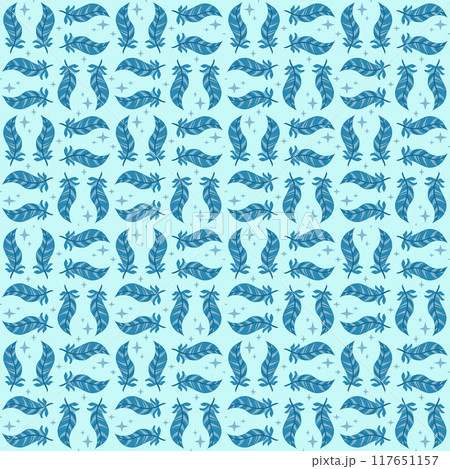 Seamless vector pattern with feather and stars in blue. Magic Pattern Seamless vector pattern with feather and stars in blue. Magic Pattern 117651157