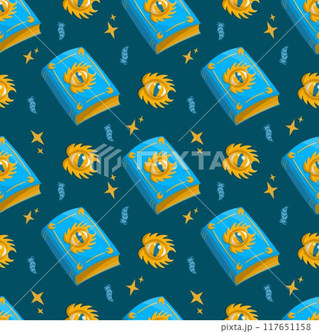 Seamless vector pattern with magic book and stars in blue color 117651158