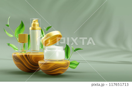 3d natural cosmetic products with green leaves on nature wood podium mockup banner. Beauty skin care cream, perfume, makeup cosmetics in glass bottles Realistic render ad promo poster. 3D illustration 117651713