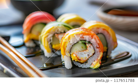 Indulge in an upscale dining experience with Futo maki sushi rolls filled with a delicious combination of egg omelet, crab stick, cucumber, and pickled vegetables 117651788
