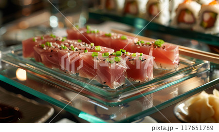Indulge in an upscale dining experience with seared tuna tataki slices served with ponzu sauce, paired with tuna nigiri and a variety of sushi rolls 117651789