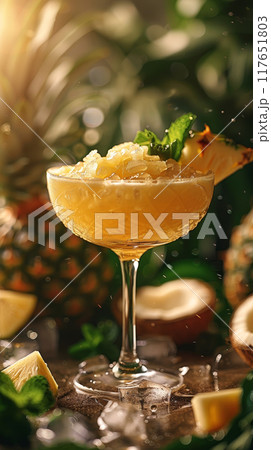 'Pina Colada', a refreshing concoction of rum, coconut milk, pineapple juice, and ice 117651803