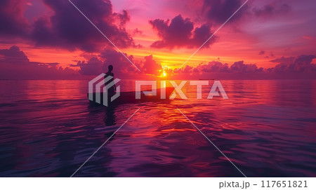 the silhouette of a lone wanderer on a small raft drifting under the soft light of twilight in the open ocean. The sky above is painted with hues of purple and orange as the sun sets on the horizon, 117651821