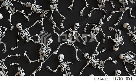 AI-generated item. Skeletons on a black background. Halloween holiday concept. AI-generated item. Skeletons on a black background. Halloween holiday concept. 117651851