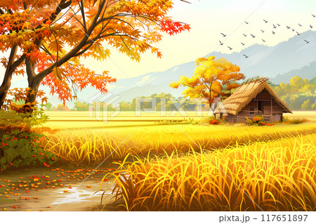 秋の田園風景のイラスト素材 [117651897] - PIXTA