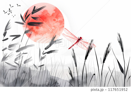 夕焼けとススキと赤トンボ 夕焼けとススキと赤トンボ 117651952