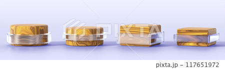 3d cylinder and cube wooden stand podium with glass decor for product display. Wood round and square box pedestal with plastic design, empty showcase platform isolated render icon set. 3D illustration 117651972