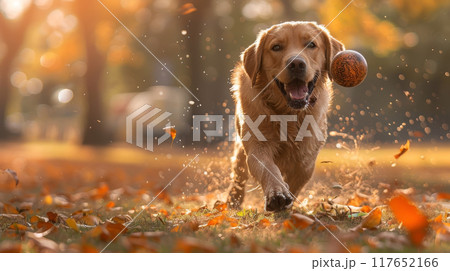 Golden Retriever standing confidently against the backdrop of a sunset sky. Its dense golden coat glistens under the rays of the setting sun 117652166