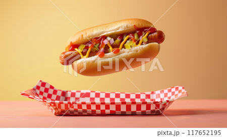 classic hot dog magically levitating above a red-checkered paper tray. The soft bun is topped with mustard, ketchup, relish, and diced onions, suspended mid-air to emphasize its iconic and timeless 117652195