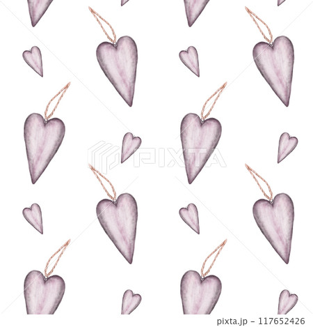 Lilac grey heart on a rope Seamless pattern. Valentines Day decoration. Violet symbol of love Watercolor hand drawn illustration for fabric, textile, wrapping paper, decor on Isolated white background Lilac grey heart on a rope Seamless pattern. Valentines Day decoration. Violet symbol of love Watercolor hand drawn illustration for fabric, textile, wrapping paper, decor on Isolated white background 117652426