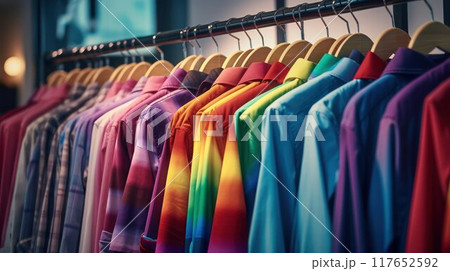 Hanger with colorful shirts. Set of clothes in rainbow colors. Wardrobe and Fitting room in a casual store 117652592