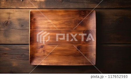 Square wooden empty tray. Copy space for business template and product presentation. 117652593