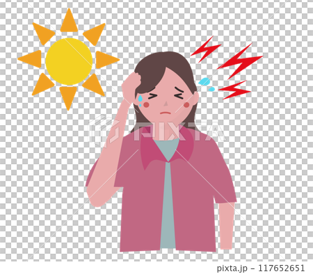 暑さで頭痛。熱中症。夏に起こる偏頭痛。ベクターイラスト 117652651