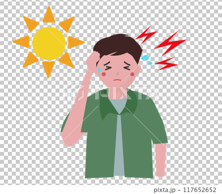 我因熱而頭痛。中暑。偏頭痛發生在夏季。向量圖 117652652