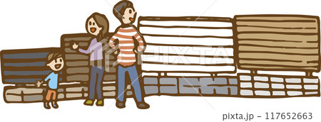 フェンスを見比べる家族 117652663