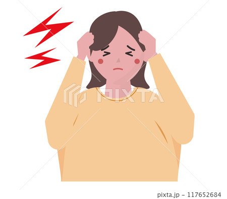 片頭痛持ちの女性。偏頭痛。ベクターイラスト 片頭痛持ちの女性。偏頭痛。ベクターイラスト 117652684