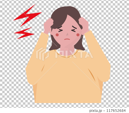 片頭痛持ちの女性。偏頭痛。ベクターイラスト 片頭痛持ちの女性。偏頭痛。ベクターイラスト 117652684