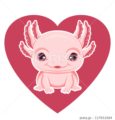 Vector illustration of cute cartoon pink axolotl in heart. Axolotl lover and keeper. Valentines day card. Clipart with cute amphibian 117652884