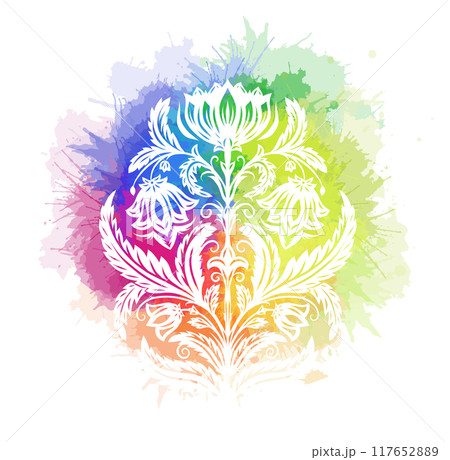 Vector decorative illustration of white silhouette floral arrangement on rainbow watercolor splashes. Ornate flourish clip art with cornflower 117652889