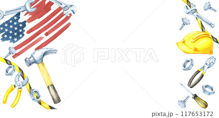 Labor Day watercolor banner with American flag, hammer, wrench, yellow safety helmet, and scattered tools in blue, yellow, and metallic. Clipart is ideal for adding text for web design and flyers Labor Day watercolor banner with American flag, hammer, wrench, yellow safety helmet, and scattered tools in blue, yellow, and metallic. Clipart is ideal for adding text for web design and flyers 117653172