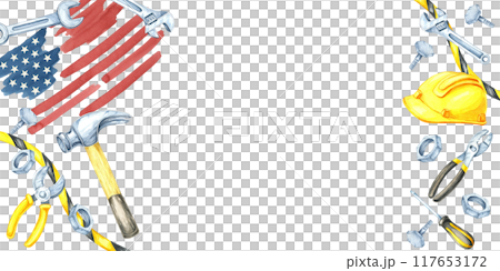 Labor Day watercolor banner with American flag, hammer, wrench, yellow safety helmet, and scattered tools in blue, yellow, and metallic. Clipart is ideal for adding text for web design and flyers Labor Day watercolor banner with American flag, hammer, wrench, yellow safety helmet, and scattered tools in blue, yellow, and metallic. Clipart is ideal for adding text for web design and flyers 117653172