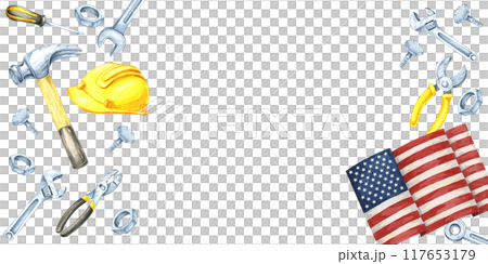 Labor Day watercolor banner with American flag with a hammer, yellow safety helmet, and a set of tools like screwdrivers and bolts. Clipart allows for text placement, perfect for promotions, flyers, 117653179