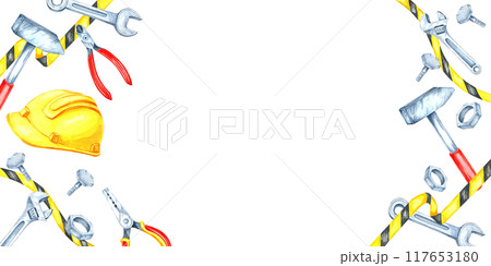 Labor Day watercolor banner features a yellow safety helmet, various tools including wrenches, hammers, and caution tape. Clipart with space for text for invitations and promotional content Labor Day watercolor banner features a yellow safety helmet, various tools including wrenches, hammers, and caution tape. Clipart with space for text for invitations and promotional content 117653180
