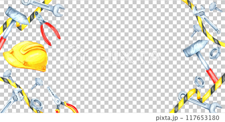 Labor Day watercolor banner features a yellow safety helmet, various tools including wrenches, hammers, and caution tape. Clipart with space for text for invitations and promotional content Labor Day watercolor banner features a yellow safety helmet, various tools including wrenches, hammers, and caution tape. Clipart with space for text for invitations and promotional content 117653180