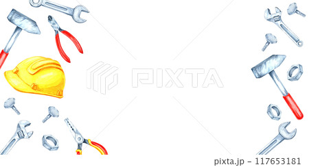 Labor Day watercolor banner showcases various tools like a wrench, hammer, and a yellow safety helmet in red and metallic colors. Clipart offers space for custom text, suitable for print materials Labor Day watercolor banner showcases various tools like a wrench, hammer, and a yellow safety helmet in red and metallic colors. Clipart offers space for custom text, suitable for print materials 117653181