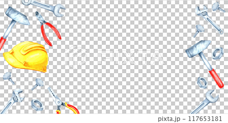 Labor Day watercolor banner showcases various tools like a wrench, hammer, and a yellow safety helmet in red and metallic colors. Clipart offers space for custom text, suitable for print materials Labor Day watercolor banner showcases various tools like a wrench, hammer, and a yellow safety helmet in red and metallic colors. Clipart offers space for custom text, suitable for print materials 117653181