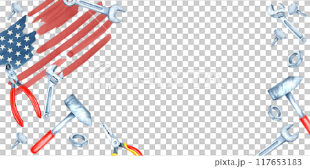 Labor Day banner with American flag and variety of tools including wrenches, pliers, and hammers scattered around it. Watercolor clipart ideal for use in flyers, social media and promotional designs Labor Day banner with American flag and variety of tools including wrenches, pliers, and hammers scattered around it. Watercolor clipart ideal for use in flyers, social media and promotional designs 117653183