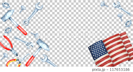 Labor Day banner with an American flag surrounded by tools including pliers, wrenches, hammers, and bolts in red and blue. Watercolor clipart with copy space, perfect for text overlays in event flyers Labor Day banner with an American flag surrounded by tools including pliers, wrenches, hammers, and bolts in red and blue. Watercolor clipart with copy space, perfect for text overlays in event flyers 117653186
