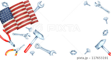 Labor Day banner with American flag, surrounded by various tools such as pliers, wrenches, and hammers in red, blue, and silver. Watercolor clipart with space for text for event invitations 117653191