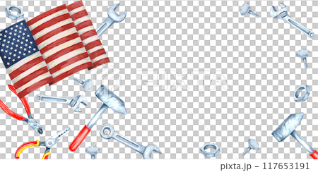 Labor Day banner with American flag, surrounded by various tools such as pliers, wrenches, and hammers in red, blue, and silver. Watercolor clipart with space for text for event invitations Labor Day banner with American flag, surrounded by various tools such as pliers, wrenches, and hammers in red, blue, and silver. Watercolor clipart with space for text for event invitations 117653191