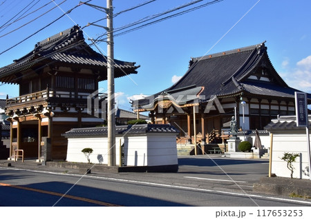 富士市　立圓寺の本堂と山門と青空 117653253