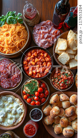 A top-down view of a full table spread with a variety of classic Italian dishes 117653264