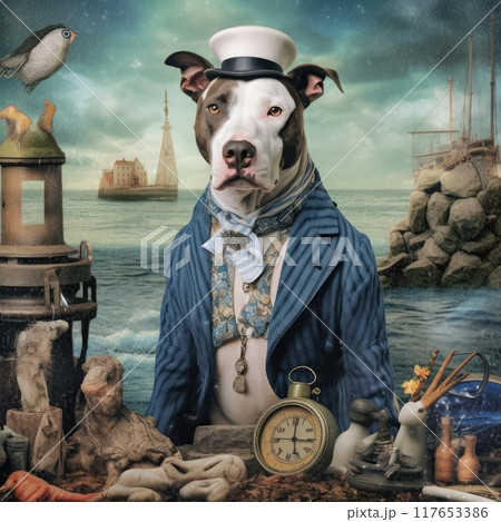 Portrait of a dog dressed as a sailor. Collage. 117653386