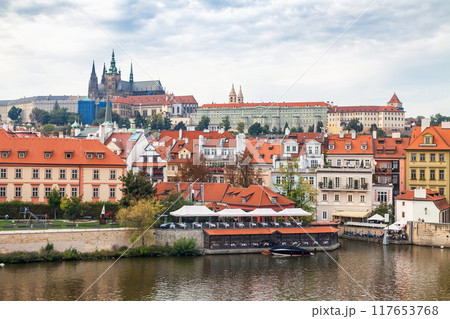 View of the Vltava Riverbank and Prague Castle. Panorama of Historic Prague, Czech Republic 117653768