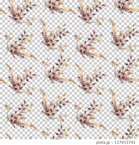 Monochrome dry herbs in sand tone hand drawn by watercolor seamless pattern. Design background with Abstract leaves on branch in maroon color. Design of textile, package, printed products 117653791
