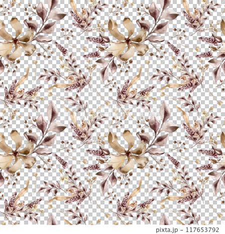 Monochrome flowers with branch maroon color watercolor seamless pattern isolated. Florals dark brown color hand drawn. Leaves in sepia tones. Design of event - related stationery, textile, packaging 117653792