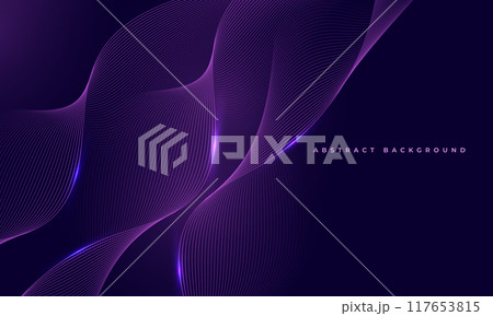 Dark purple abstract background with glowing blue wavy lines 117653815