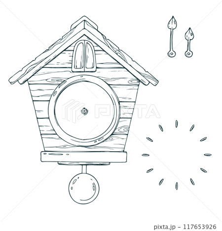 Wall clock with cuckoo, dial and hands, pendulum, wooden, antique. Line art is a simple hand-drawn illustration in black and white ink. Isolated vector EPS object. 117653926