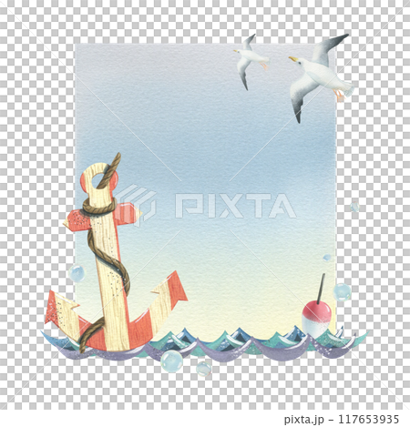 Wooden striped anchor with rope on sea waves with fishing float, bubbles and flying seagulls. Hand drawn watercolor illustration. Template, frame for text with blue background isolated. Wooden striped anchor with rope on sea waves with fishing float, bubbles and flying seagulls. Hand drawn watercolor illustration. Template, frame for text with blue background isolated. 117653935