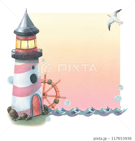 The sea lighthouse is striped with a steering wheel flying a seagull, waves and bubbles of water. Watercolor illustration drawn by hand. Template, a frame with a coral background isolated. 117653936