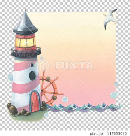 The sea lighthouse is striped with a steering wheel flying a seagull, waves and bubbles of water. Watercolor illustration drawn by hand. Template, a frame with a coral background isolated. 117653936