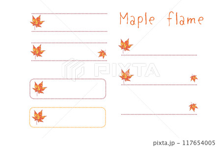 紅葉の葉、紅葉した葉っぱのフレームラインセット。楓。 紅葉の葉、紅葉した葉っぱのフレームラインセット。楓。 117654005