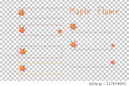 紅葉の葉、紅葉した葉っぱのフレームラインセット。楓。 紅葉の葉、紅葉した葉っぱのフレームラインセット。楓。 117654005