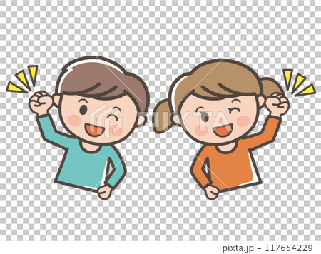 Illustration of upper body of boy and girl doing energetic fist pump (elementary school student, toddler, child) Illustration of upper body of boy and girl doing energetic fist pump (elementary school student, toddler, child) 117654229